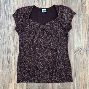 M-Fasis by California Blue S/S Brown Floral Shirt Lg Sweetheart Cap Sleeves Y2K